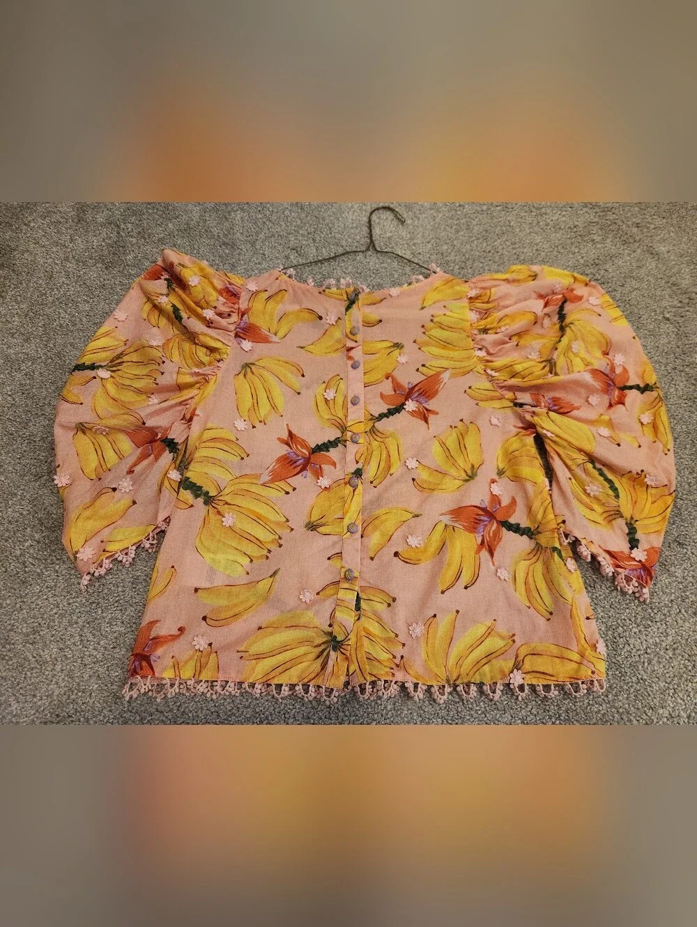 FARM Rio Pink Banana-Print Puff-Sleeve Blouse - XS - Picture 12 of 12